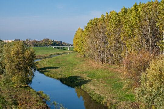 Autumn river landscape with trees and distant bridge
