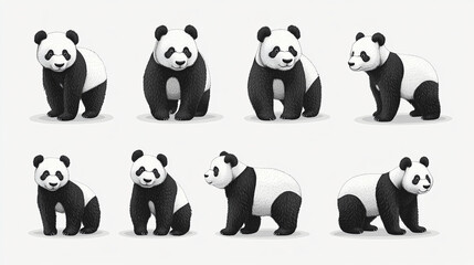 Fototapeta premium Cute panda collection, cute panda playing, cute panda eating isolated on white background. icon set