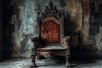 An ornate, weathered throne sits against a distressed wall, exuding an aura of forgotten royalty and times past.