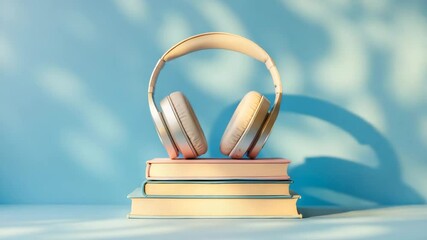 Audiobook concept showcasing modern headphones with a hardcover book in the background. Headphones and books together, educational focus. Overhead view. Enjoying an audiobook.