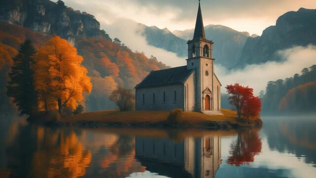 Mary Pilgrvideo Church reflection in a lake with a castle backdrop on an overcast autumn day.