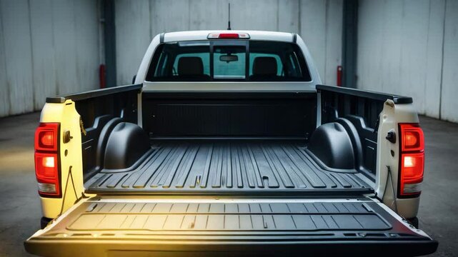 Pickup truck with an open tailgate set for loading. Empty trunk area in the pickup truck ready for a trip.
