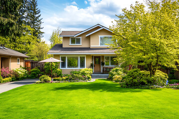 Ultra-realistic, bright, and scenic view of the front yard with green grass in springtime, featuring a two-story American-style house in a light brown color.