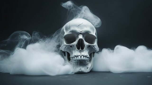 Scary grunge skull wallpaper with an enigmatic smoke background and space for text in a horizontal banner.