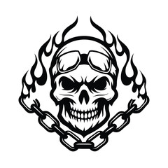 Black and White Skull Flames and Chain Silhouette Illustration, Horror Halloween Sign