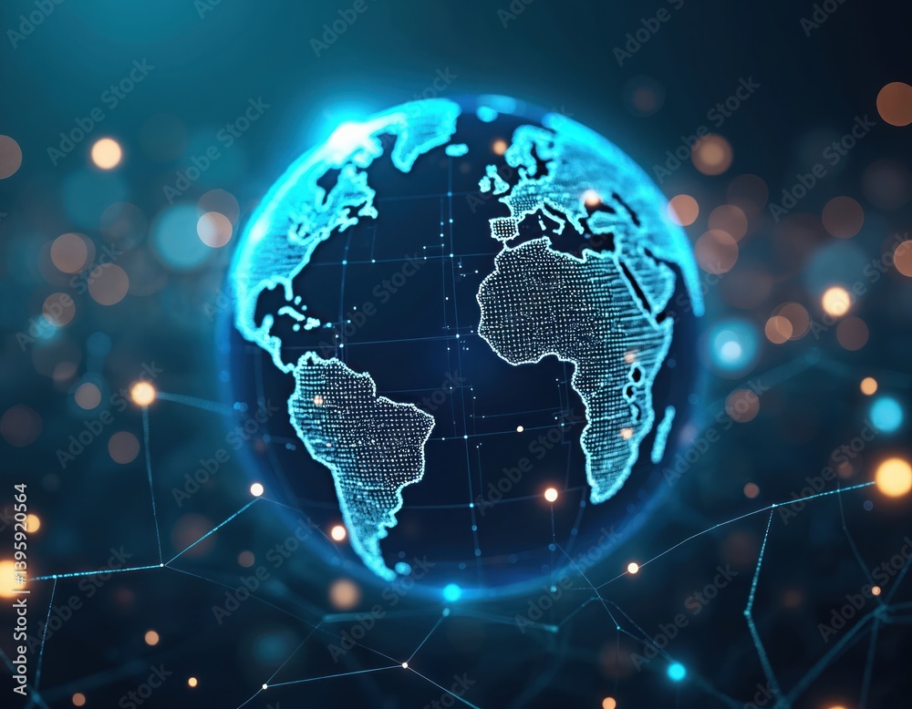 Poster Abstract tech background digital earth globe with connecting lines, spheres, dots. Futuristic, cyberspace, networking blockchain technology concept, digital marketing, global connection, data