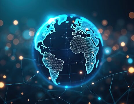 Abstract tech background digital earth globe with connecting lines, spheres, dots. Futuristic, cyberspace, networking blockchain technology concept, digital marketing, global connection, data