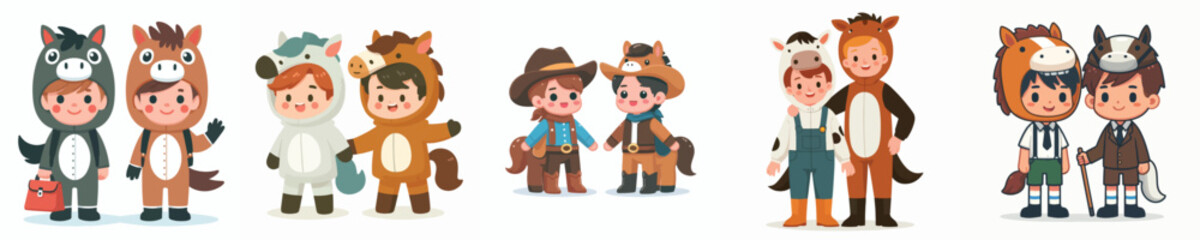 collection of cute and adorable boy vectors wearing horse costumes