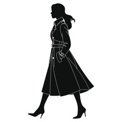 Stylish Woman Walking in a Trench Coat Silhouette/A sleek silhouette of a woman walking, wearing a trench coat.