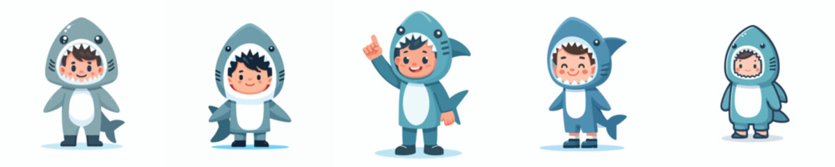 Collection of cute and adorable boy vectors wearing shark costumes