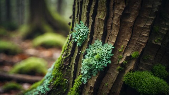 Enchanting forest floor adorned with vibrant green moss, rugged bark, and delicate lichen. Nature's intricate weave of life.