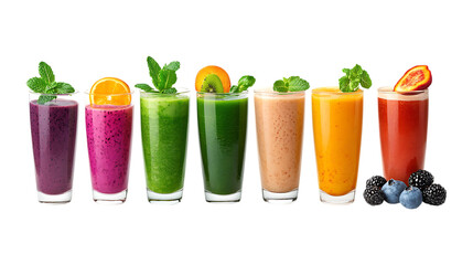 Fototapeta premium Pack Smoothies Set in Different Poses Against Transparent Background for Healthy Eating, Nutrition, or Beverage Branding