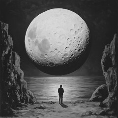 Man Watching Moon by Sea