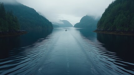 Misty fjord with lone sailboat.  Tranquil waterway surrounded by lush, foggy mountains
