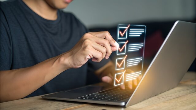 Online assessment and survey concept. A person interacts with virtual checklist on laptop, symbolizing online assessments, surveys, exams, or quizzes. digital evaluation and data collection. fill out,