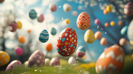 Colorful 3D Render of Flying Easter Eggs in Spring Field
