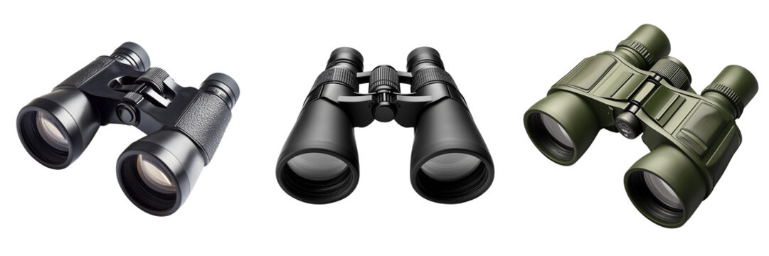 Set of A couple enjoying a starlit night while stargazing with DIOXIT 50x50 binoculars (green) on a camping trip in the wilderness on transparent png background. Ai generated