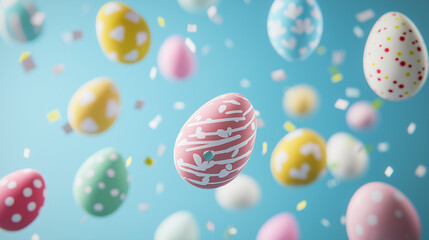 Colorful 3D Render of Flying Easter Eggs 