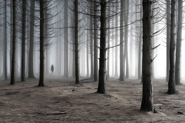 Naklejka premium Misty forest in Galicia with a shadowy figure emerging through the fog at dawn