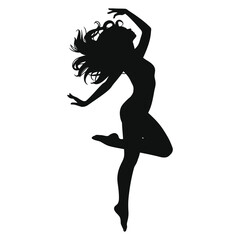 Graceful Silhouette of a Dancing Woman/A dynamic black silhouette of a woman mid-leap, performing a graceful dance move.