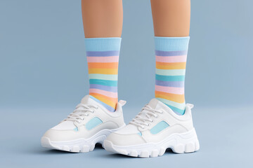 trendy white chunky sneakers paired with colorful pastel striped socks on blue studio background