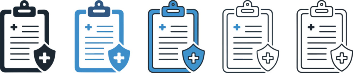   Health Insurance and Report Icon Collection - Medical Record and Shield Symbols