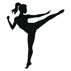 Silhouette of a woman in a dynamic martial arts pose./A striking silhouette of a woman executing a powerful martial arts kick.