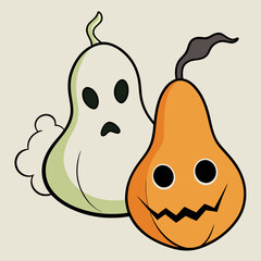 A friendly ghost and mischievous jack-o'-lantern gourd share a spooky season embrace in a playful, vintage-style illustration with bold outlines.