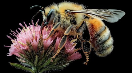 A close-up macro of a bee resting on a flower, with a dark background emphasizing its detailed wings, fuzzy body, and intricate features.