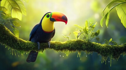 Obraz premium Vibrant avian perched on moss-covered branch in lush rainforest setting with bright sunlight filtering through the leaves