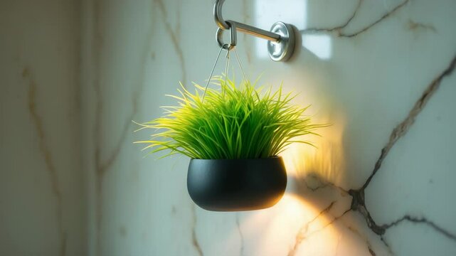 Small potted plant with green leaves hanging on a metal hook against a wall. Interior decor and home design videography for wall decoration.