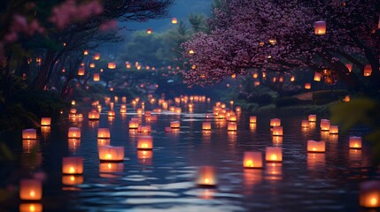 Obraz premium Floating Lanterns of Serenity: A mesmerizing display of lanterns floating on a serene body of water, illuminated by a gentle, ethereal glow, creating an atmosphere of peace.