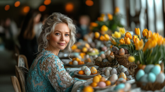 A woman in a turquoise lace dress sits at a festive Easter table decorated with yellow tulips, painted eggs, and spring-themed food arrangements.