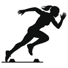 Silhouette of a female sprinter at the starting blocks./A powerful silhouette of a female athlete in a dynamic sprinting position, poised to launch from the starting blocks.