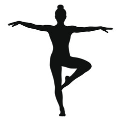Graceful Silhouette of a Female Dancer in a Balletic Pose/A striking silhouette of a young woman performing a ballet-like pose.