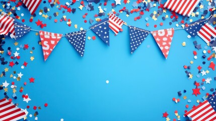 Obraz premium Festive 4th of July background with confetti, stars, and bunting.