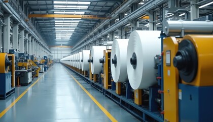 Automated paper roll processing line within manufacturing plant. Machinery production large rolls, factory, cutting paper technology. Automated machinery line in production. Industry, paper mill,