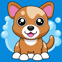 A sweet little puppy, freshly bathed and sparkling clean, sits amidst cheerful blue bubbles, radiating joy and playful innocence with large, expressive eyes and a happy smile.