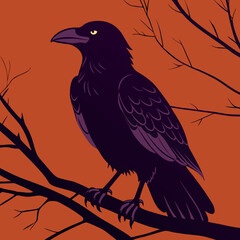 A watchful raven perched on a bare branch against a fiery sunset, its dark plumage highlighted in bold silhouettes against warm orange tones.