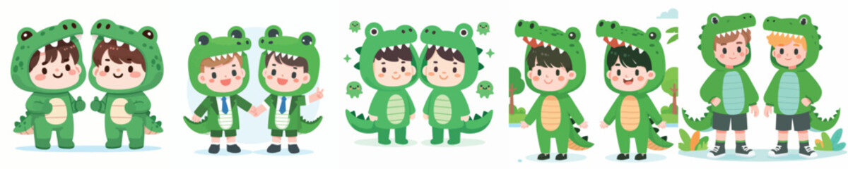 Collection of cute and adorable vectors of boys wearing crocodile costumes