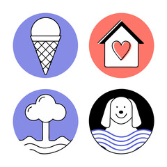 Delightful icons celebrating simple joys: ice cream, a loving home, nature's peace, and a happy dog, all in a bold, minimalist style with vibrant pastel colors.