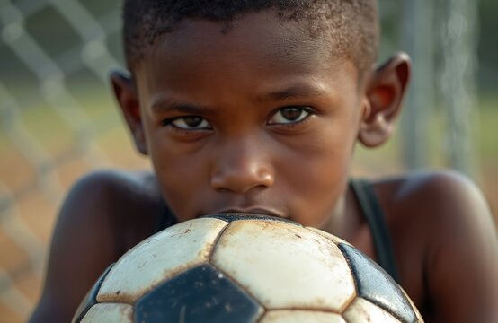 Young african american boy soccer player holds ball looking straight to camera. Child athlete rests after game on field. Portrait of determined kid face with focused eyes and sport passion.