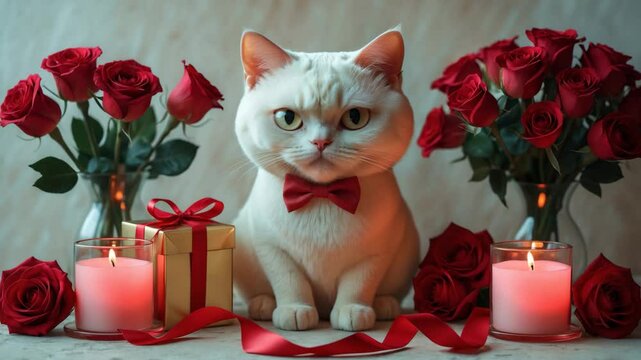 Heartbreak, unreturned affection theme. Melancholic cat lying beside candles, a bunch of red roses, and gifts. Loneliness, unrequited love.