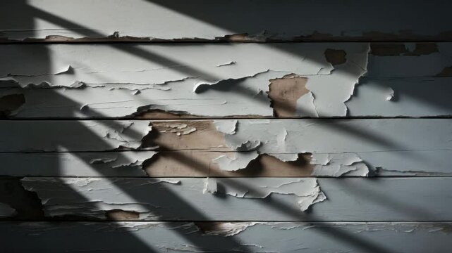 Weathered wooden wall or floor with paint. Uneven timber planks. Deteriorating white paint that is flaking with soft neutral flat hues.