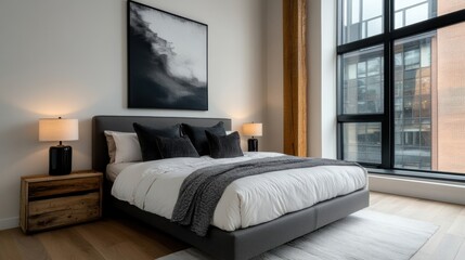 minimalist loft design, contemporary loft bedroom with tall windows, muted colors, and natural wood details against a white setting