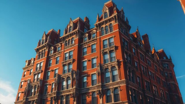 Gothic revival style apartment buildings showcasing red brick architecture.