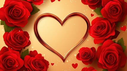 Romantic heart frame decorated with red roses on a golden background