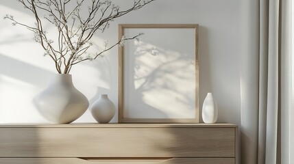 A minimalist corner featuring a wooden chest of drawers with a wooden picture frame on top, white ceramic vases nearby