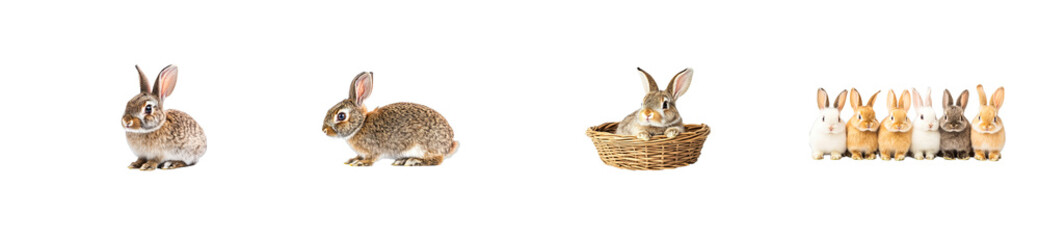 Fototapeta premium Rabbits and bunny in basket, isolated studio shot, cut out transparent