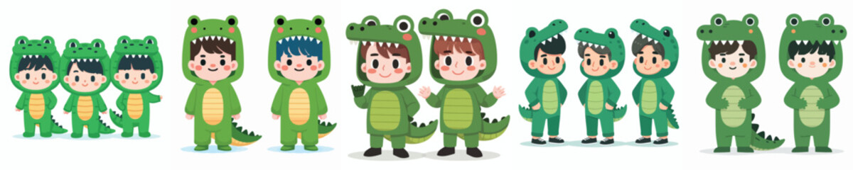 Collection of cute and adorable vectors of boys wearing crocodile costumes